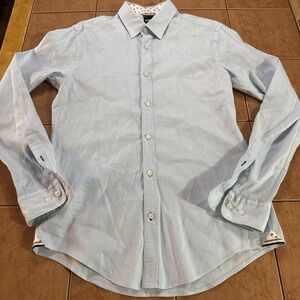 Hugo Boss Blue Slim Fit Stretch Linen Button Long Sleeve Shirt Men's Sz Medium